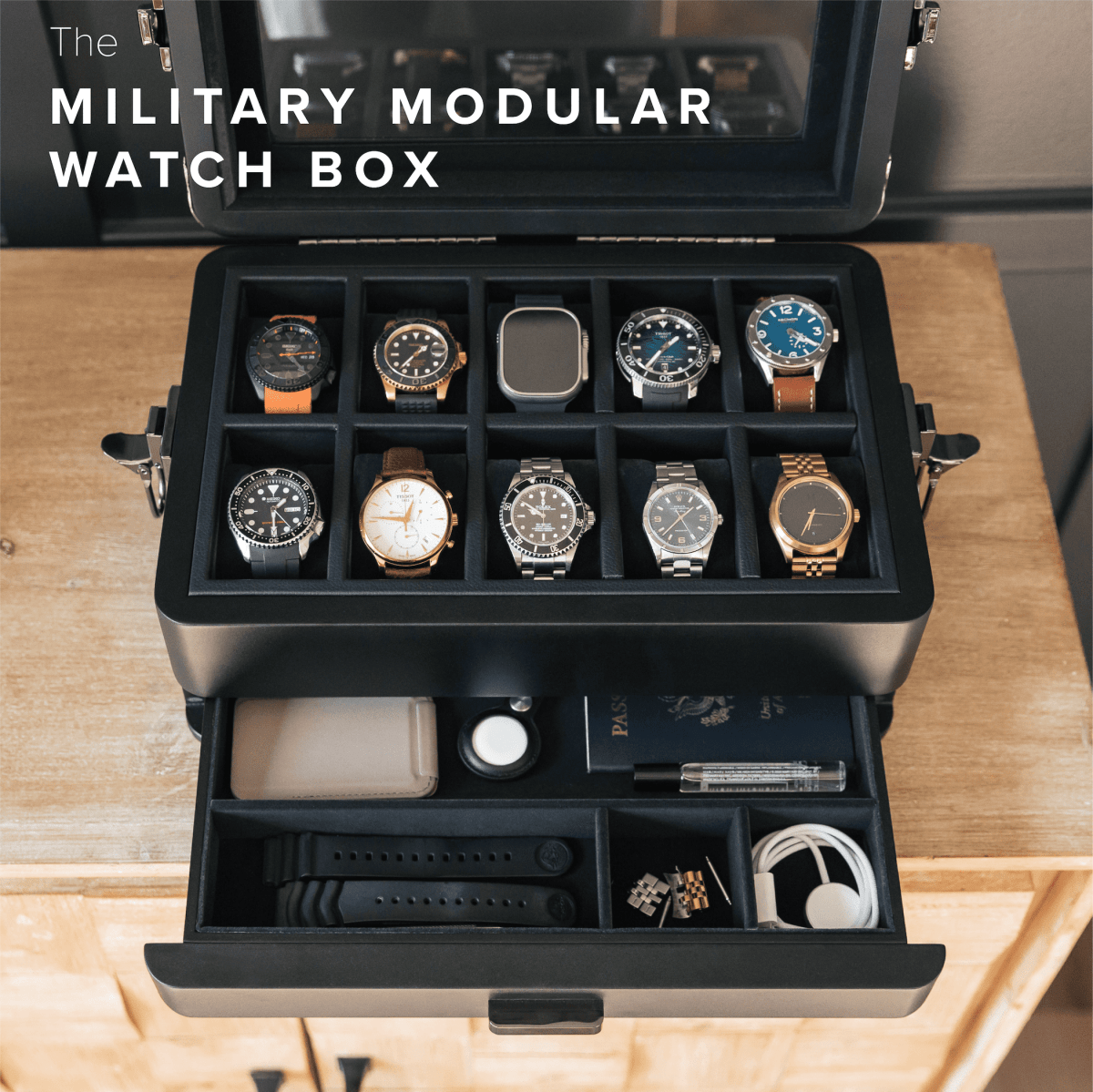 Black Edition Military Modular Watch Box - 10 Slot watch band - Strapped For Time