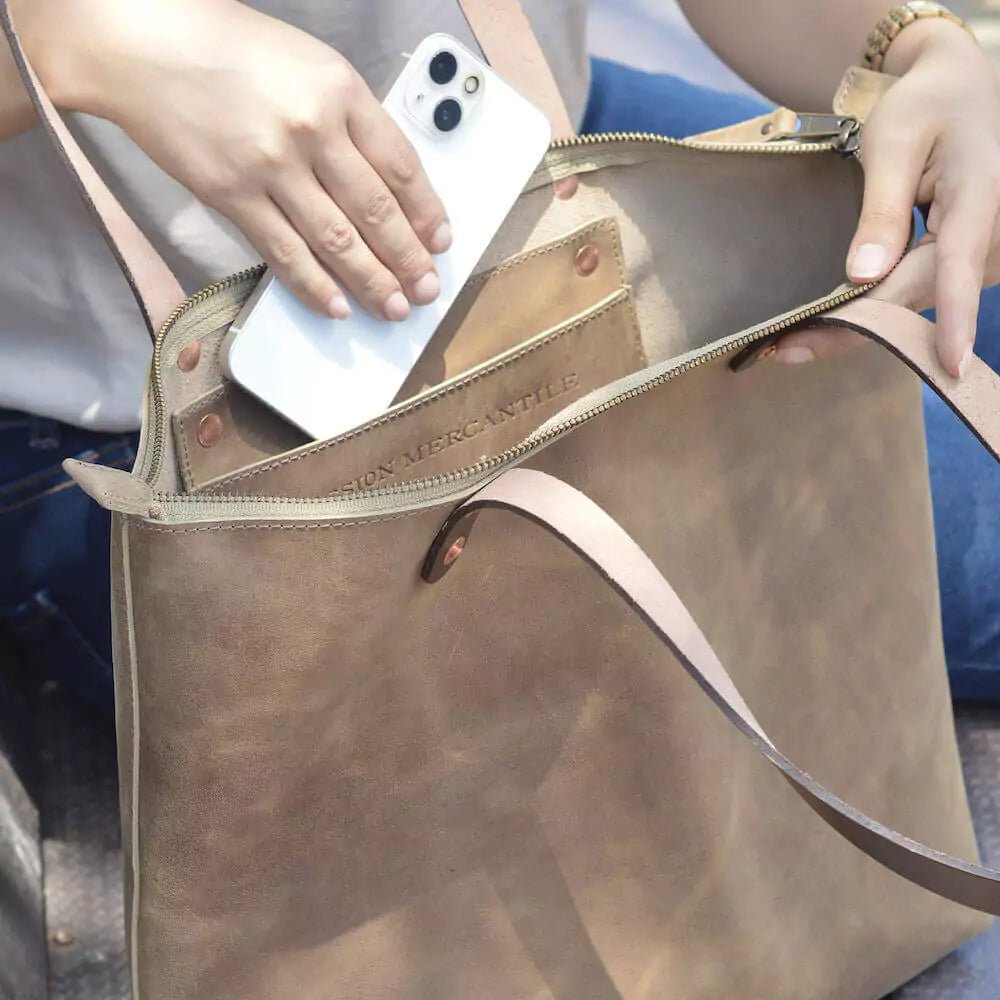 Eden LARGE Leather Tote Bag - Zippered watch band - Strapped For Time