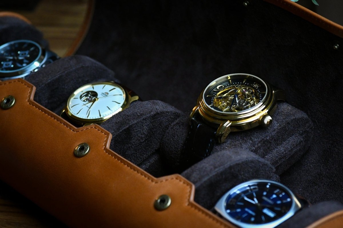 Luxury 4 Watch Travel Case | Full-Grain Cow Leather | Tawny Brown watch band - Strapped For Time