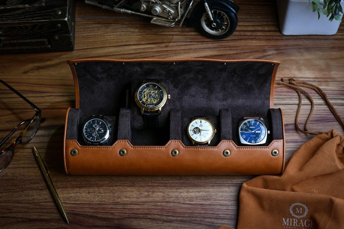 Luxury 4 Watch Travel Case | Full-Grain Cow Leather | Tawny Brown watch band - Strapped For Time
