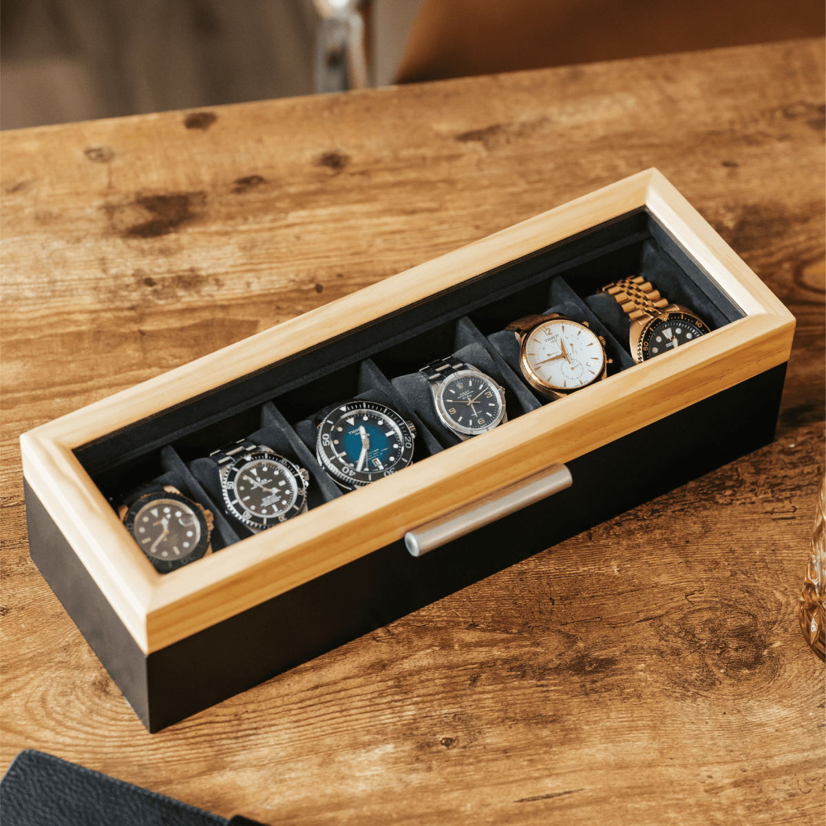 Pine Two-Toned Watch Box - 6 Slot watch band - Strapped For Time