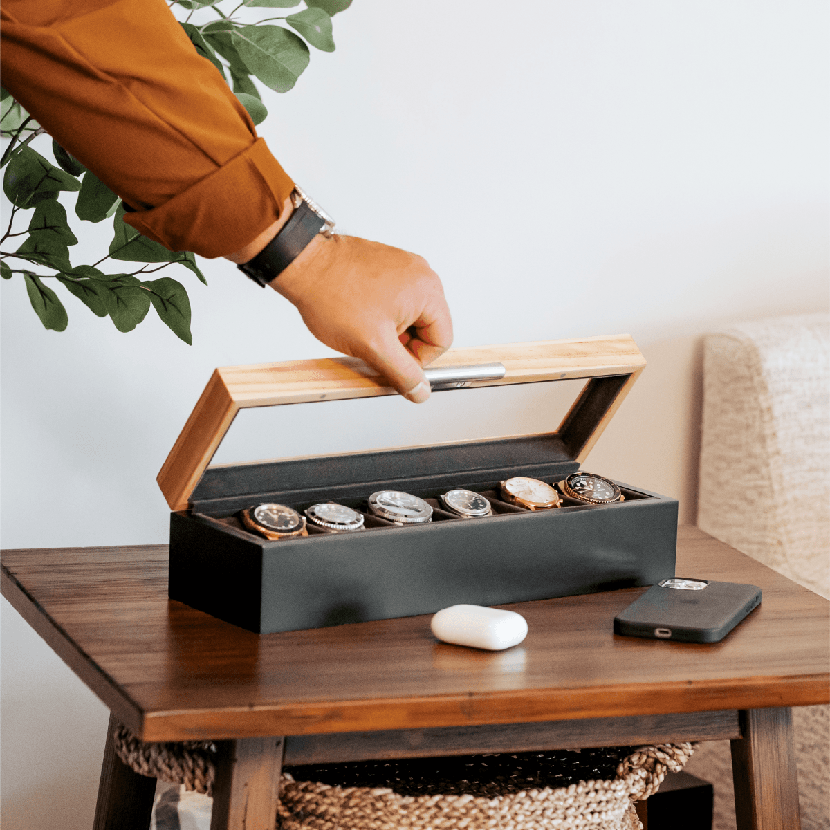 Pine Two-Toned Watch Box - 6 Slot watch band - Strapped For Time
