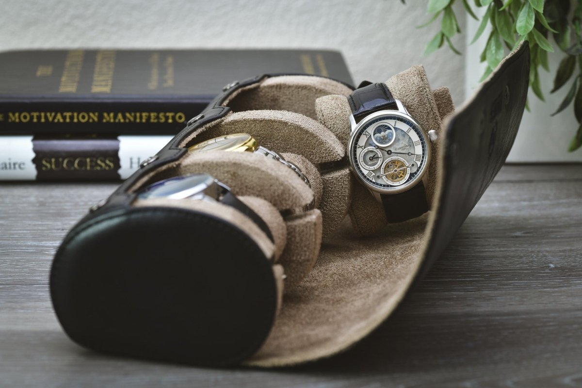 Sable Black Full-grain Cow Leather Watch Roll Case - 3 Watches watch band - Strapped For Time
