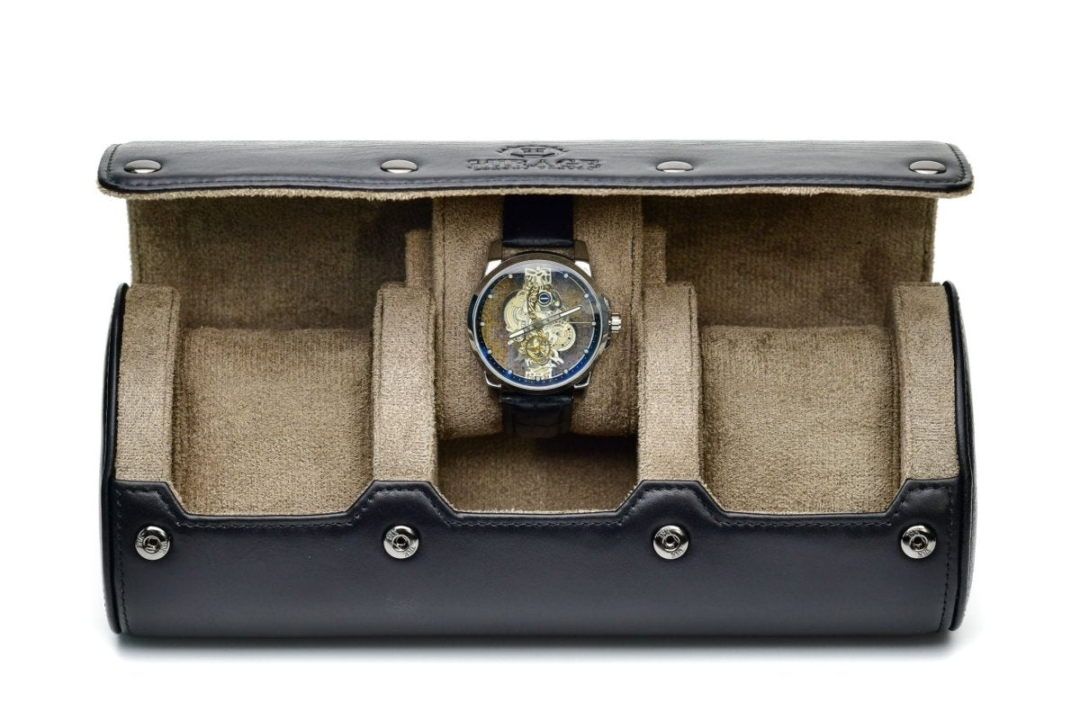Sable Black Full-grain Cow Leather Watch Roll Case - 3 Watches watch band - Strapped For Time