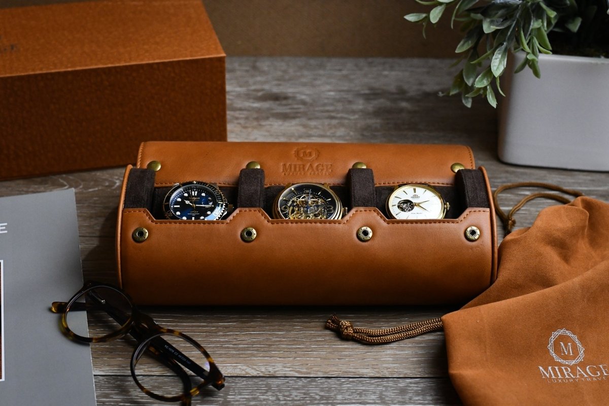 Tawny Brown Full-grain Cow Leather Watch Roll - 3 Watches watch band - Strapped For Time