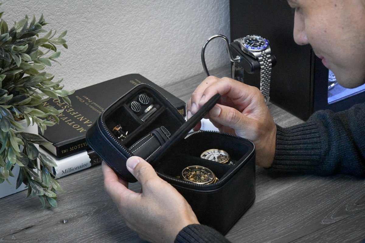 Watch and Jewelry Travel Case - Genuine Leather - Obsedian Black watch band - Strapped For Time