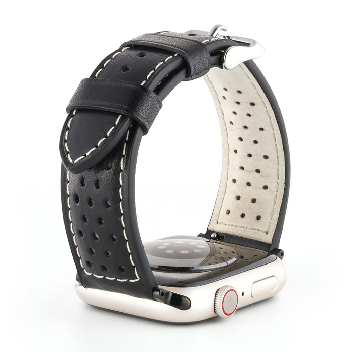 Perforated Leather Watch Band | Contrast Stitch | Black