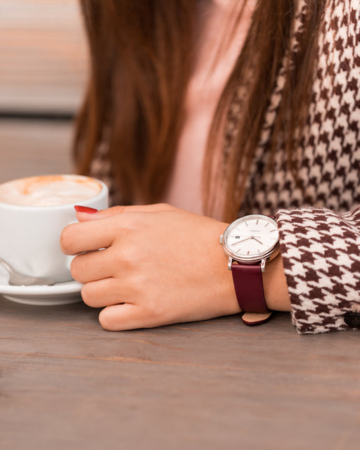 Hirsch Toronto gflat leather berry red color watch band on ladies wrist watch