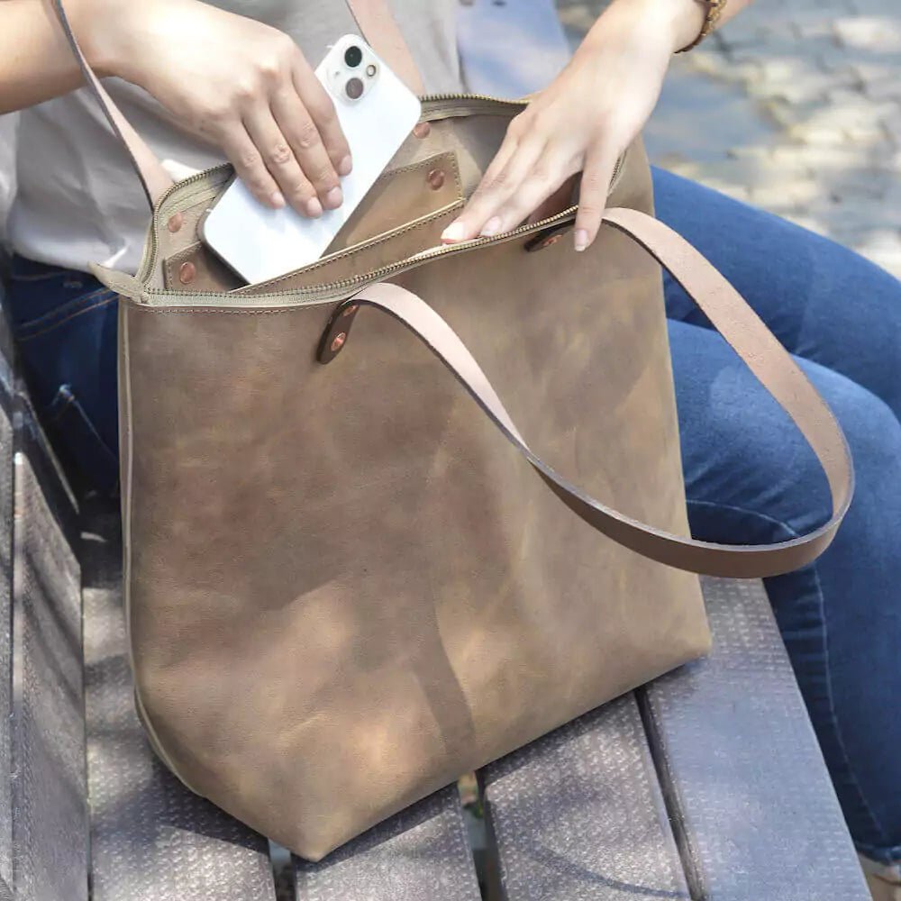 Eden LARGE Leather Tote Bag - Zippered watch band - Strapped For Time