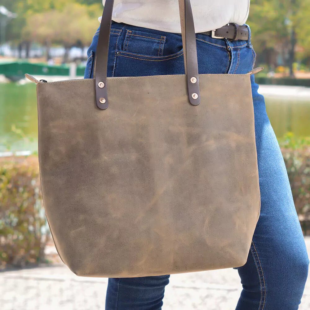 Eden LARGE Leather Tote Bag - Zippered watch band - Strapped For Time