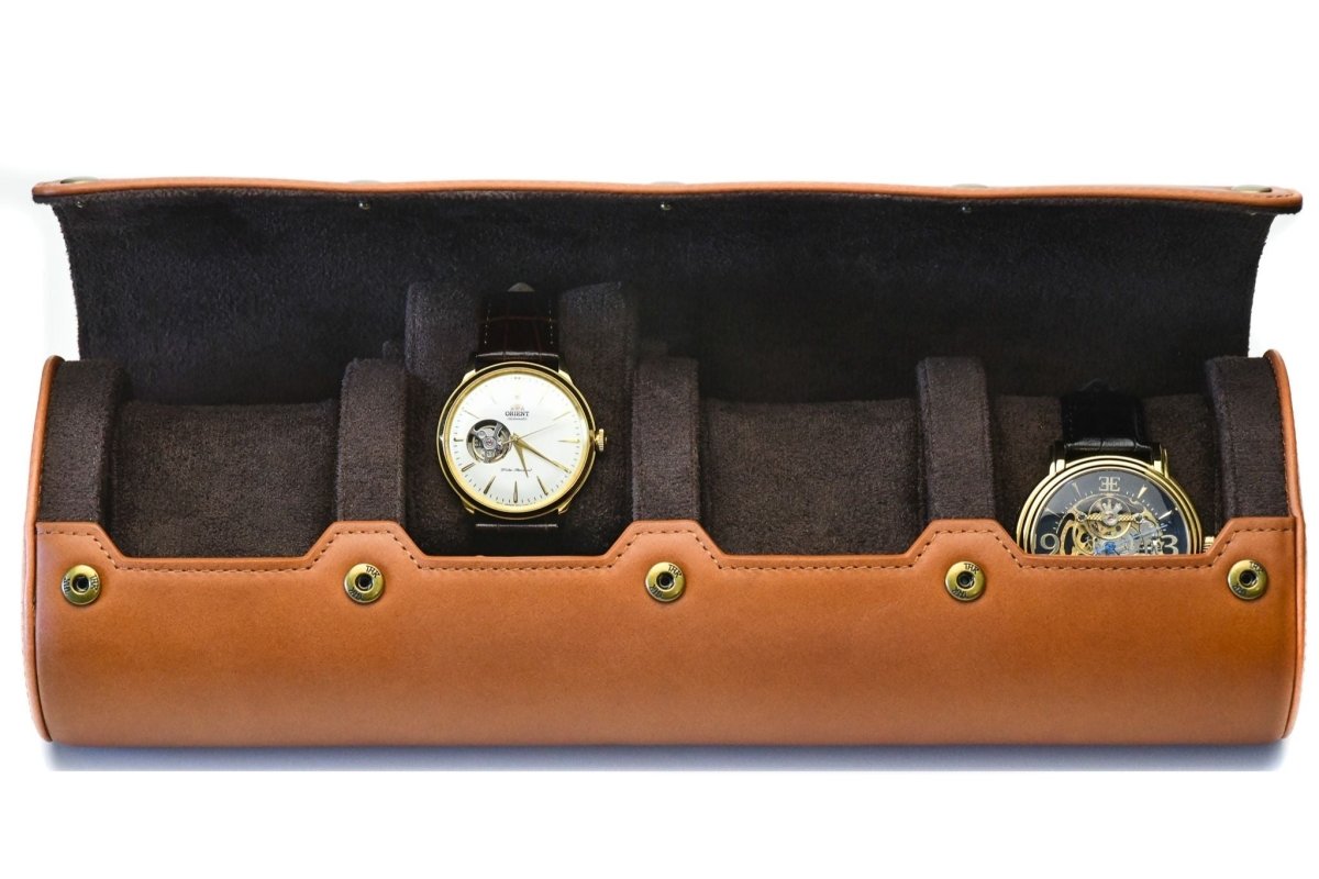Luxury 4 Watch Travel Case | Full-Grain Cow Leather | Tawny Brown watch band - Strapped For Time