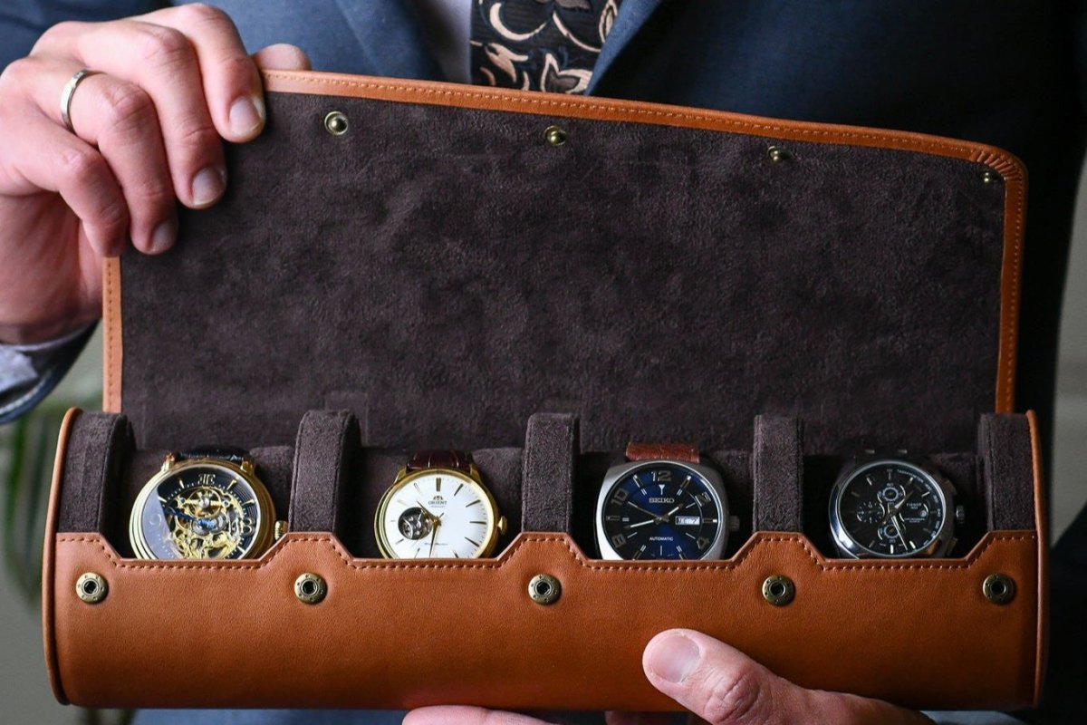 Luxury 4 Watch Travel Case | Full-Grain Cow Leather | Tawny Brown watch band - Strapped For Time