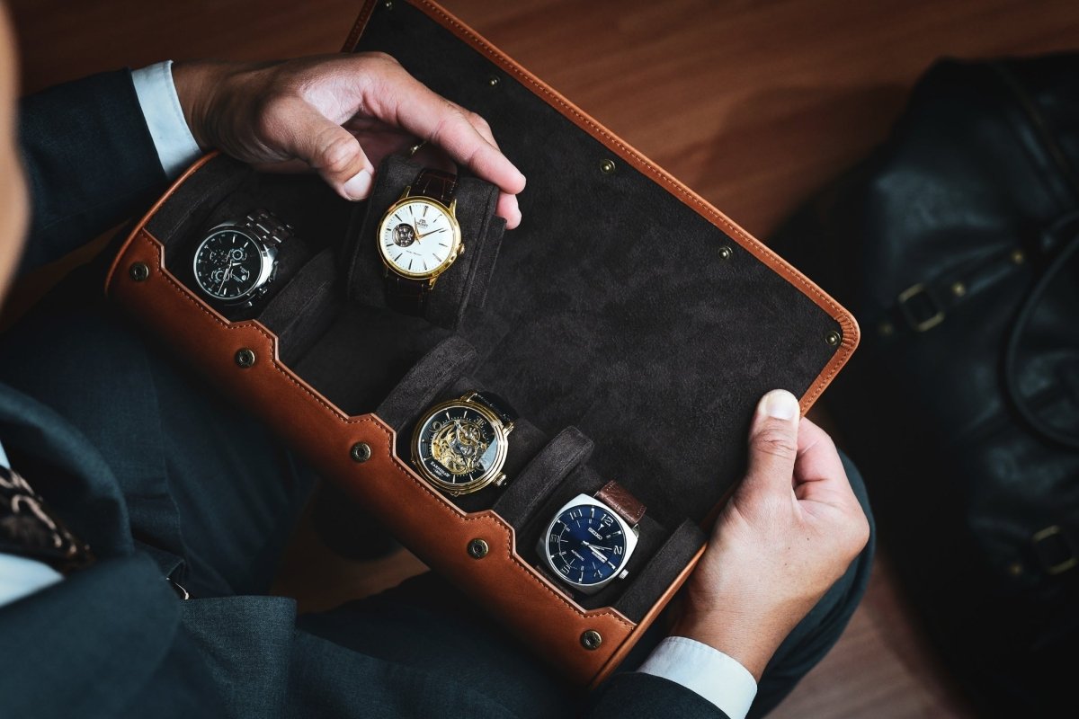 Luxury 4 Watch Travel Case | Full-Grain Cow Leather | Tawny Brown watch band - Strapped For Time