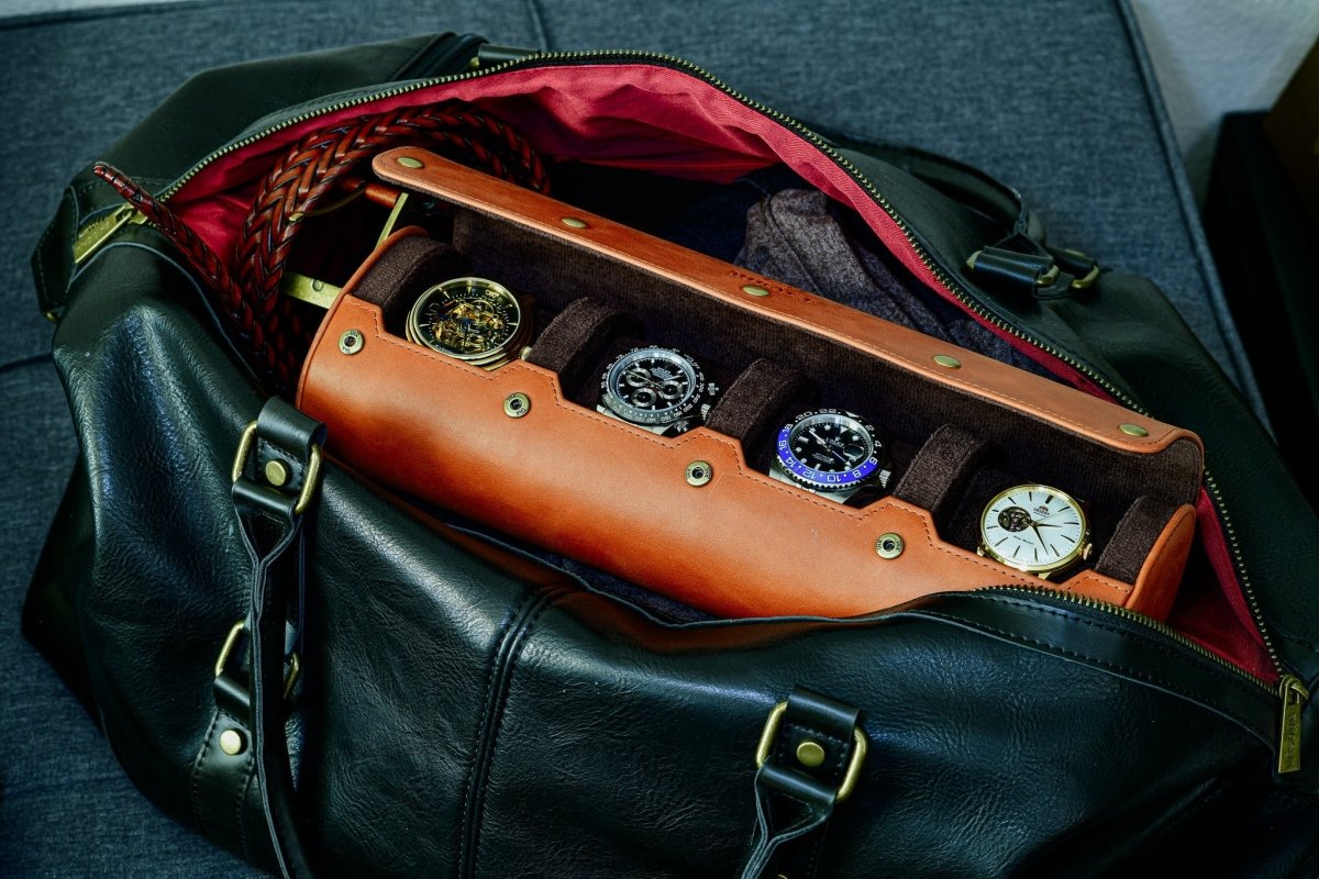 Luxury 4 Watch Travel Case | Full-Grain Cow Leather | Tawny Brown watch band - Strapped For Time