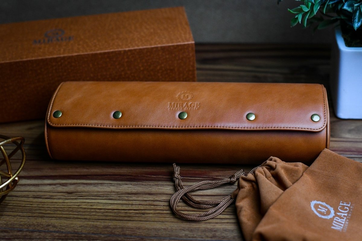 Luxury 4 Watch Travel Case | Full-Grain Cow Leather | Tawny Brown watch band - Strapped For Time