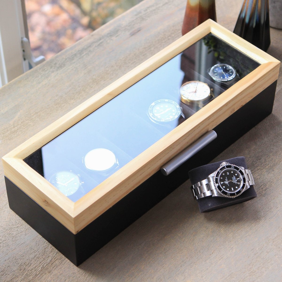 Pine Two-Toned Watch Box - 6 Slot watch band - Strapped For Time