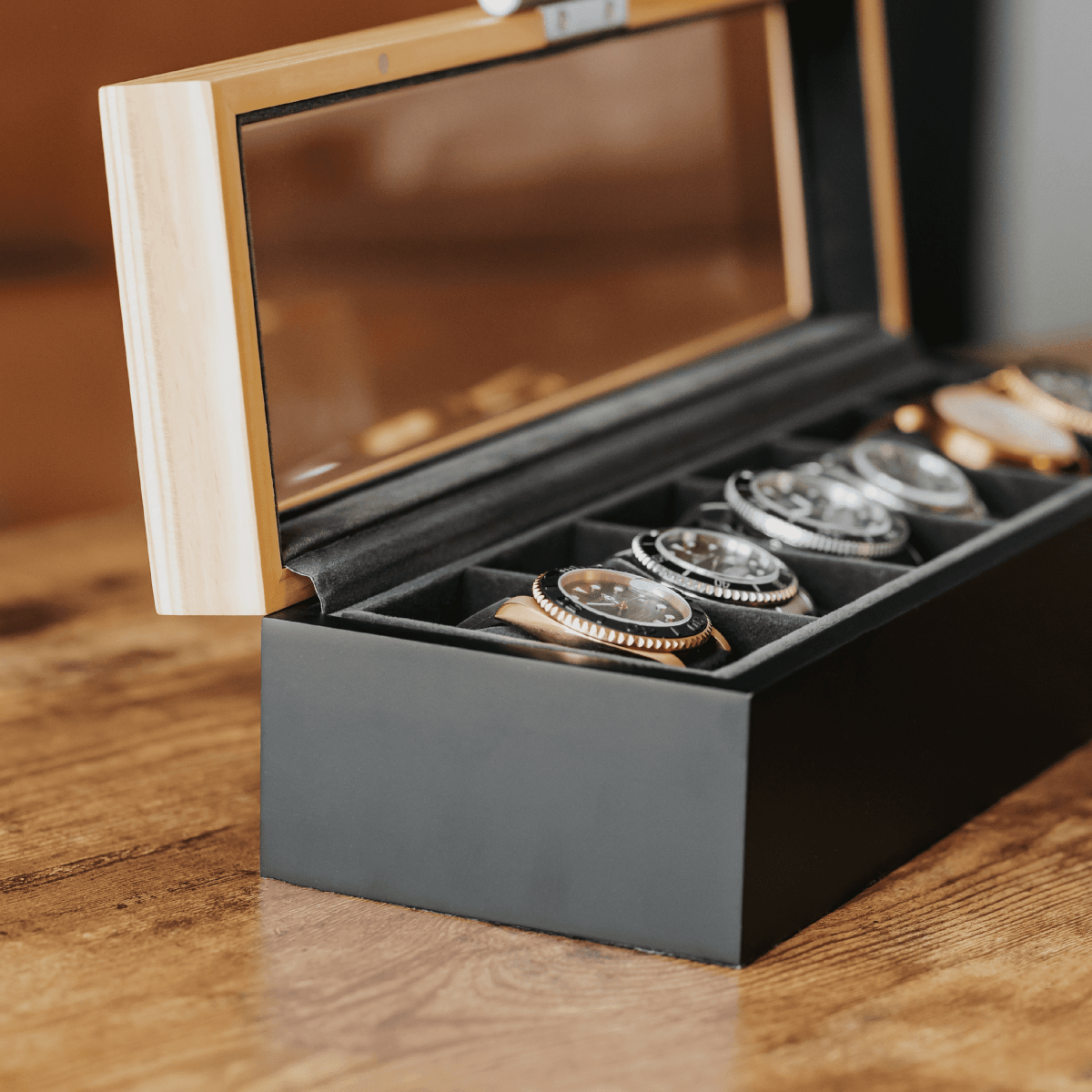 Pine Two-Toned Watch Box - 6 Slot watch band - Strapped For Time
