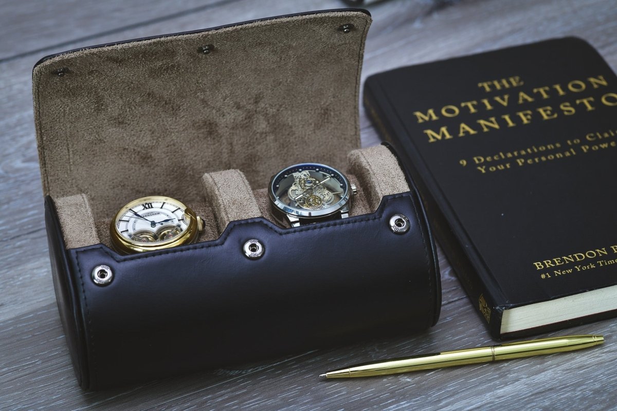 Sable Black Full Grain Cow Leather Watch Roll - 2 Watches watch band - Strapped For Time