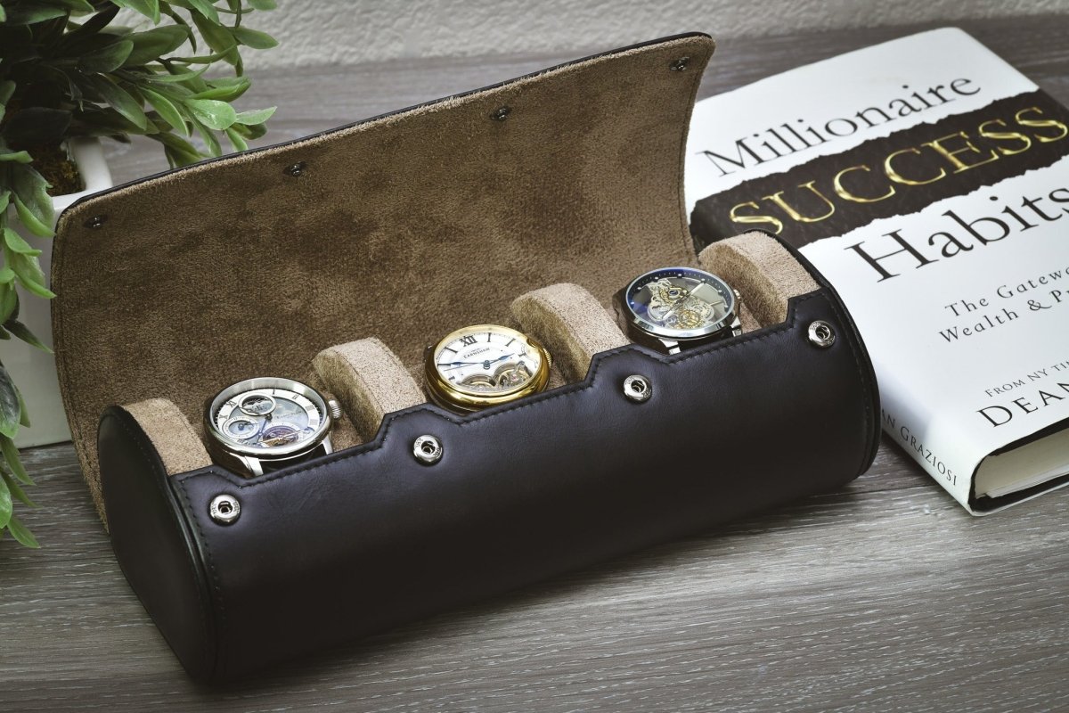 Sable Black Full-grain Cow Leather Watch Roll Case - 3 Watches watch band - Strapped For Time