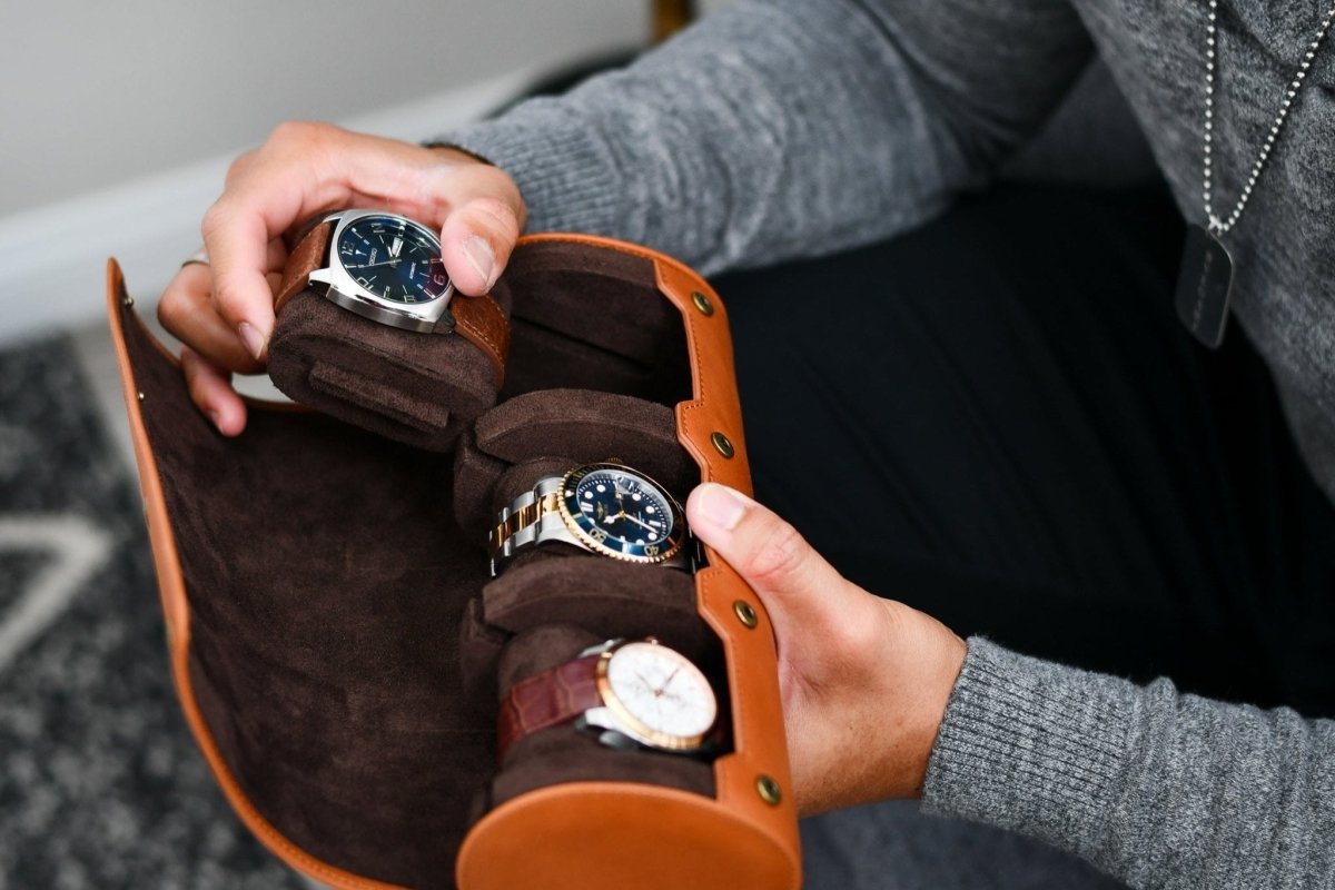 Tawny Brown Full-grain Cow Leather Watch Roll - 3 Watches watch band - Strapped For Time