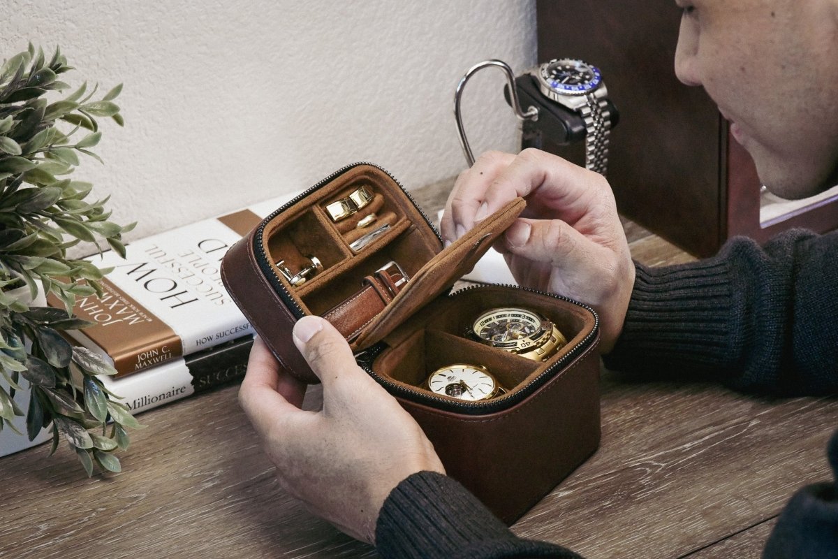 Watch and Jewelry Travel Case - Coffee Brown Leather watch band - Strapped For Time