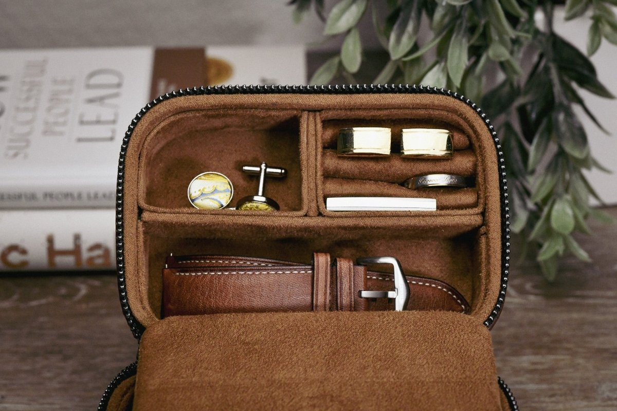 Watch and Jewelry Travel Case - Coffee Brown Leather watch band - Strapped For Time