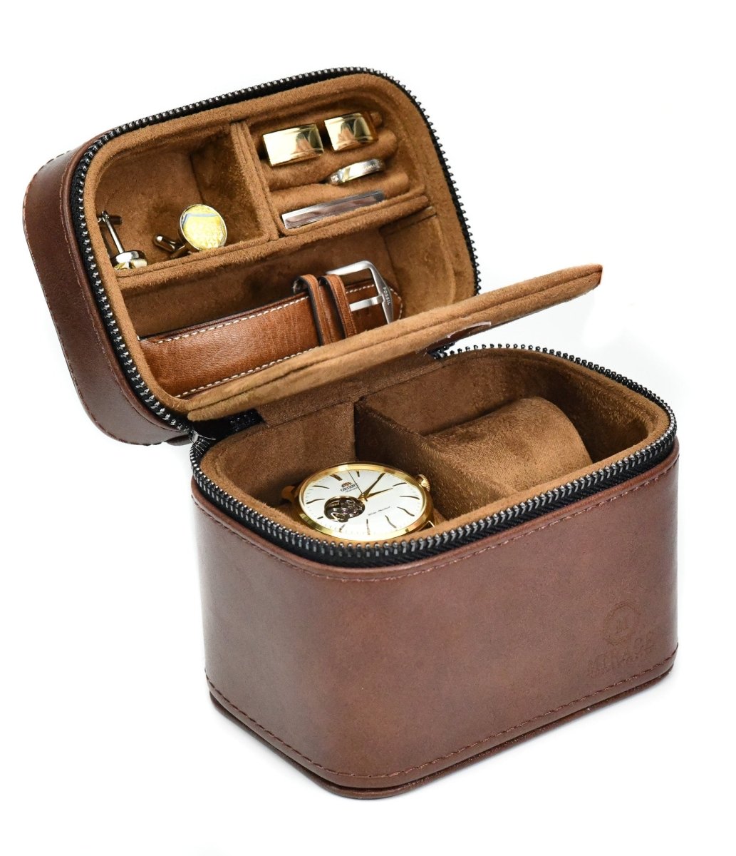 Watch and Jewelry Travel Case - Coffee Brown Leather watch band - Strapped For Time