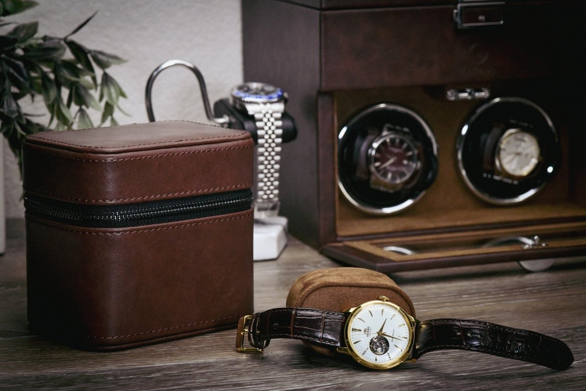 Watch and Jewelry Travel Case - Coffee Brown Leather watch band - Strapped For Time
