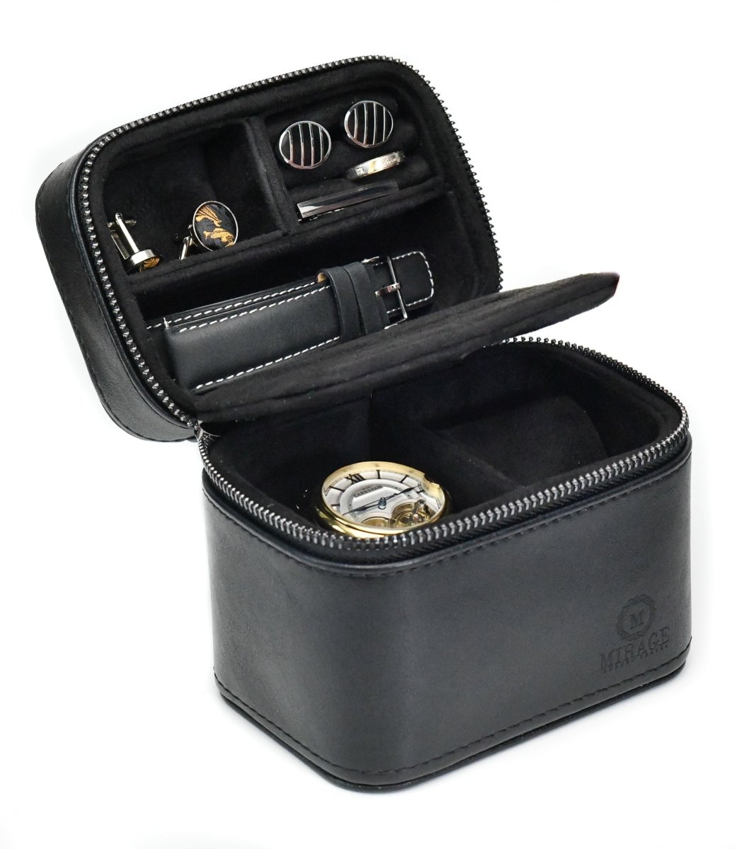 Watch and Jewelry Travel Case - Genuine Leather - Obsedian Black watch band - Strapped For Time