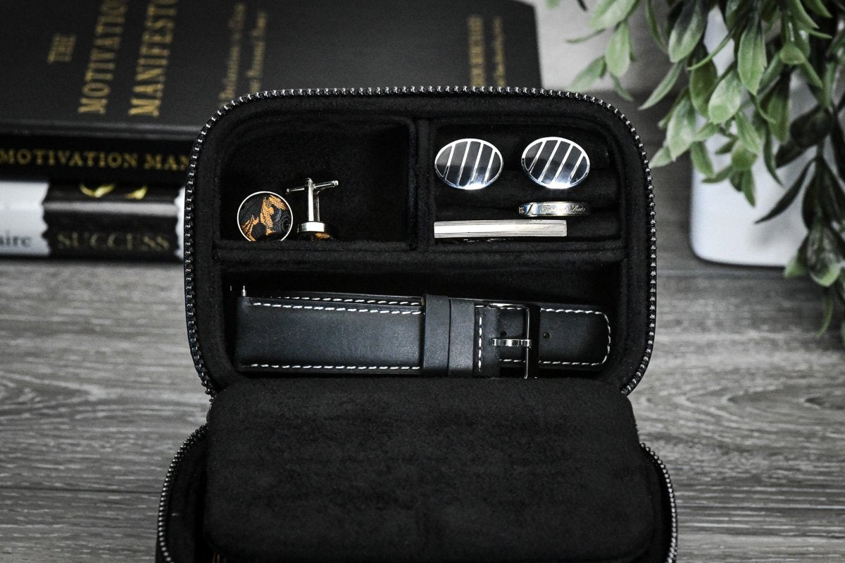 Watch and Jewelry Travel Case - Genuine Leather - Obsedian Black watch band - Strapped For Time